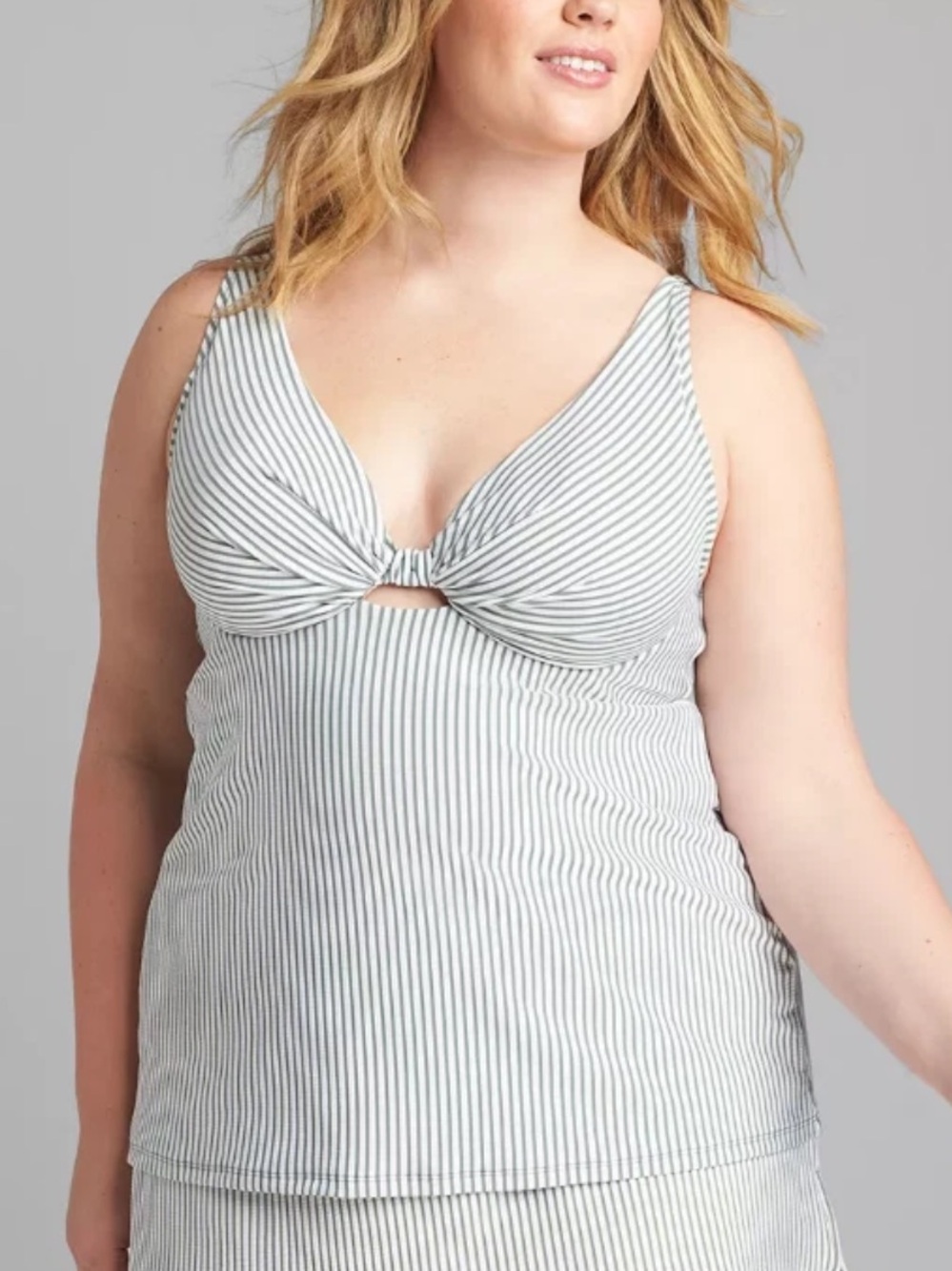 Cacique Swim White and Green Striped Tankini Swim Top Size 44DD